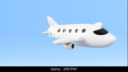 White 3D airplane flying isolated on blue background. Vector realistic illustration of cute plane icon for tourism and travel design, passenger transportation and delivery service jet, air transport Stock Vector