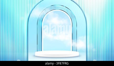 Elegant 3D podium and ribbed glass arch on blue sky background. Vector realistic illustration of round white display stand, transparent corrugated plastic wall, modern studio for product presentation Stock Vector
