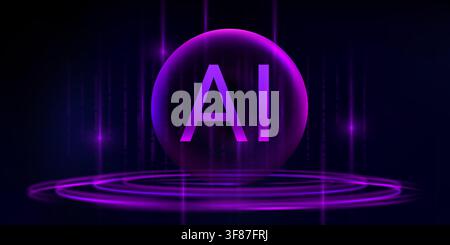 Futuristic ai purple background, tech banner with glowing sphere frame and abstract ripple pattern. Vector cyber neon graphic design for business presentations with digital data flow, modern concept Stock Vector