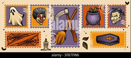 Vintage Halloween stamps set isolated on background. Vector cartoon illustration of spooky holiday collage with witch and clown faces, magic cauldron, broom and scythe, spooky ghost, cobweb and coffin Stock Vector