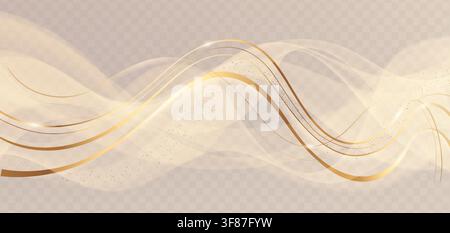 Luxury golden waves flow on transparent background. 3d vector realistic illustration of abstract pattern with soft curve lines, smooth curves and gold glitter, elegant light effects for premium design Stock Vector