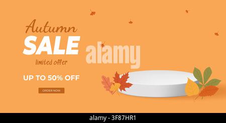 Autumn sale banner with colorful leaves, orange background, and promotional text Stock Vector