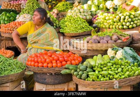 A female street vendor wearing a sari sits amongst colorful fresh vegetables displayed in woven baskets at a traditional local market in Bangalore. Stock Photo