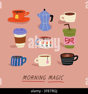 Modern coffee wall art featuring hand drawn coffee mugs, espresso cups, a takeaway cup, matcha, an Italian moka pot and the quote Morning Magic on a warm sand background. Stylish poster with subtle shadows for cafes, kitchens and cozy home decor. hand drawn vector file. Stock Vector