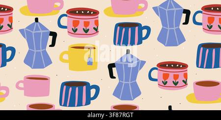 Seamless cozy drink pattern featuring hand drawn mugs, teacups, coffee cups and an Italian moka pot on a soft sandy beige background. Warm hygge-inspired design for fabric, wallpaper, wrapping paper, kitchen textiles and cafe decor. hand drawn vector file. Stock Vector