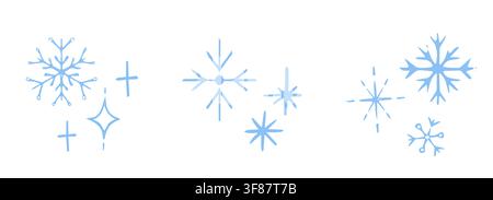 Snowflake cute pencil drawing doodle. Textured simple hand drawn crayon asterisk and snow crystals. Kids style childlike set elements. Scrapbook stickers, design elements. . Vector illustration Stock Vector
