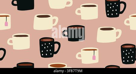 Seamless coffee pattern with minimalist black and white coffee mugs on a soft beige background. Modern neutral design inspired by monochrome aesthetic Stock Vector