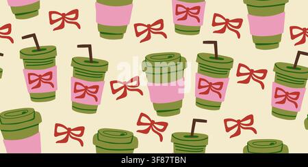Seamless matcha pattern with cute green matcha cups, pink cup sleeves and red bows on a soft buttery yellow background. Playful hand drawn design for fabric, wallpaper, gift wrap and cafe branding. hand drawn vector file. Stock Vector