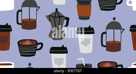 Seamless coffee pattern with hand drawn coffee cups, takeaway cups and coffee makers on a soft ultramarine blue background. Modern minimalist design for cafes, offices, fabric, wallpaper and coffee break branding. hand drawn vector file. Stock Vector