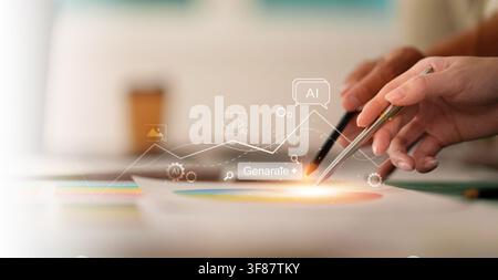 Team using AI tool for content generation and data analysis Stock Photo