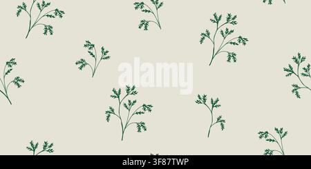Seamless vintage herbarium pattern featuring hand drawn curled chervil on an aged parchment background. Inspired by antique botanical illustrations and scientific herbarium sheets, this timeless botanical design is perfect for fabric, wallpaper, wrapping paper and stationery. hand drawn vector file. Stock Vector