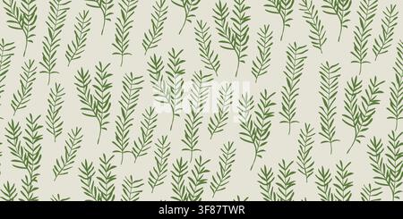 Seamless vintage herbarium pattern featuring hand drawn rosemary sprigs on an aged parchment background. Inspired by antique botanical illustrations and scientific herbarium sheets, this elegant culinary herb design is perfect for fabric, wallpaper, wrapping paper, kitchen decor and stationery. hand drawn vector file. Stock Vector