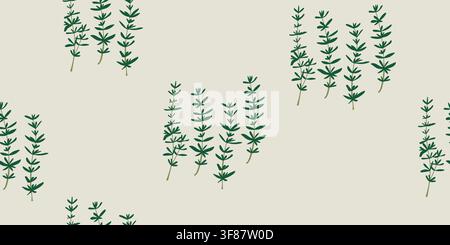 Seamless vintage herbarium pattern featuring hand drawn common thyme sprigs on an aged parchment background. Inspired by antique botanical illustrations and scientific herbarium sheets, this elegant culinary herb design is perfect for fabric, wallpaper, wrapping paper, kitchen decor and stationery. hand drawn vector file. Stock Vector