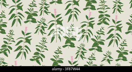 Seamless vintage herbarium pattern featuring hand drawn Thai basil with delicate pink flowers on an aged parchment background. Inspired by antique botanical illustrations and scientific herbarium sheets, this lush culinary herb design is perfect for fabric, wallpaper, wrapping paper, kitchen decor and stationery. hand drawn vector file. Stock Vector
