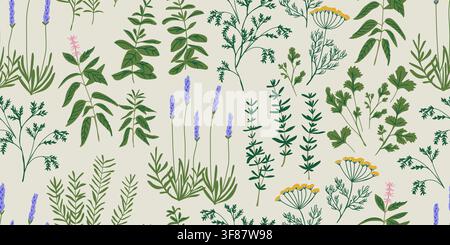 Seamless vintage herbarium pattern featuring a hand drawn collection of culinary herbs including rosemary, thyme, dill, chervil, parsley, Thai basil and English lavender on an aged parchment background. Inspired by antique botanical illustrations and scientific herbarium sheets. Perfect for fabric, wallpaper, wrapping paper and stationery. hand drawn vector file. Stock Vector