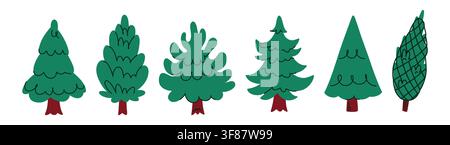 Collection of Hand Drawn Evergreen Christmas Trees in Different Shapes, Green Fir and Pine Trees for Winter Holiday Illustration Stock Vector