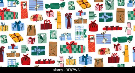 Christmas gift seamless pattern with colorful wrapped presents, ribbons, bows and holiday packages, festive hand drawn illustration for wrapping paper Stock Vector