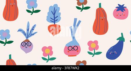 Cute seamless pattern featuring smiling vegetables and simple stylized flowers on a soft white background. Playful pumpkin, tomato, eggplant and root vegetable characters create a light minimalist nursery design inspired by paper cut crafts for baby fabrics, kids textiles and playroom decor. hand drawn vector file. Stock Vector
