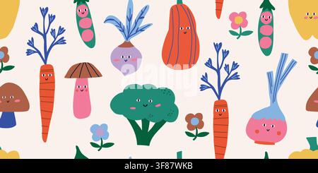Cute seamless pattern featuring smiling vegetables and simple stylized flowers on a soft white background. Playful broccoli and carrots with radish, peas, mushrooms, yellow bell pepper and root vegetables create a cheerful kawaii nursery design for baby fabrics, kids textiles and playroom decor. hand drawn vector file. Stock Vector