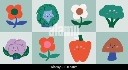 Cute patchwork seamless pattern featuring smiling green vegetables, mushrooms and simple flowers arranged in soft pastel quilt blocks. Playful broccoli, cabbage, cauliflower and bell pepper characters in a paper cut style create a cozy nursery design for baby fabrics, quilting projects and kids textiles. hand drawn vector file. Stock Vector