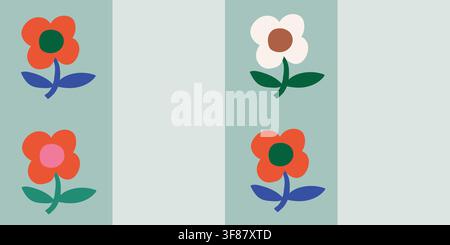 Minimalist seamless stripe pattern featuring simple hand cut flowers on soft pastel green vertical stripes. Childlike paper cut shapes in Scandinavian style with red and white floral accents create a playful nursery design for baby fabrics, quilting, wallpaper and modern kids textiles. hand drawn vector file. Stock Vector