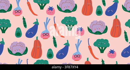 Cute seamless pattern featuring colorful healthy vegetables with smiling kawaii faces on a soft blush peach background. Playful broccoli, cauliflower and other cheerful veggies in warm green, orange, pink and purple tones create a fun nursery design for baby fabrics, kids textiles and playful decor. hand drawn vector file. Stock Vector