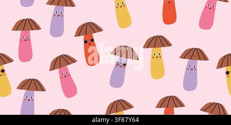 Cute seamless pattern featuring smiling mushrooms with adorable kawaii faces, rosy cheeks and playful glasses on a soft blush pink background. Minimalist woodland food characters create a cheerful nursery design for baby fabrics, kids textiles, toddler clothing and playroom decor. hand drawn vector file Stock Vector