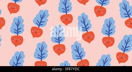 Cute seamless pattern featuring smiling turnips with adorable kawaii faces, vibrant red roots and soft blue leaves on a warm blush peach background. Playful root vegetable characters create a charming nursery design for baby fabrics, childrens textiles, toddler clothing and playroom decor. hand drawn vector file. Stock Vector