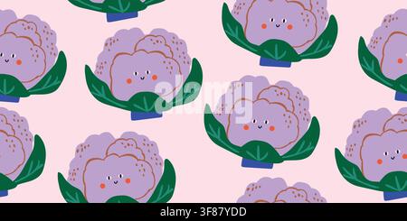 Cute seamless pattern featuring smiling purple cauliflower with adorable kawaii faces and rosy cheeks on a soft blush pink background. Sweet vegetable characters create a playful nursery design perfect for baby fabrics, childrens textiles, toddler clothing and cheerful playroom decor. hand drawn vector file. Stock Vector