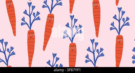 Cute seamless pattern featuring smiling carrots with adorable kawaii faces on a soft blush pink background. Cheerful vegetable characters bring playful charm to nursery fabrics, baby textiles, childrens clothing, bedding, playrooms and toddler accessories. hand drawn vector file. Stock Vector