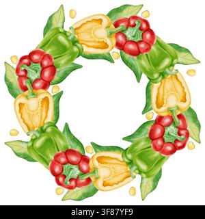 Watercolor colorful bell pepper wreath with red, green, yellow sweet peppers and seeds. Hand drawn round frame for menu design, food packaging, recipe Stock Photo