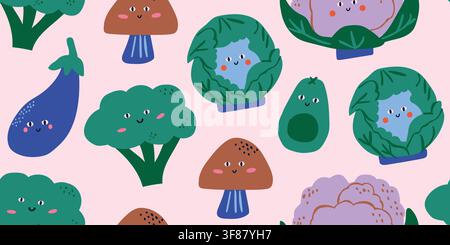 Cute seamless pattern featuring smiling green vegetables with adorable kawaii faces on a soft blush peach background. Playful broccoli, cabbage, cauliflower, mushrooms, avocado and zucchini create a cozy nursery design in earthy green tones, perfect for baby fabrics, kids textiles and playroom decor. hand drawn vector file. Stock Vector