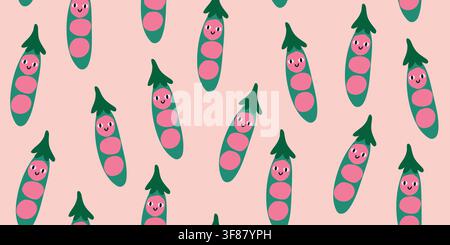 Cute seamless pattern featuring smiling green peas in open pods with adorable kawaii faces on a soft peach background. Playful vegetable characters create a cheerful nursery design, perfect for baby fabrics, childrens textiles, playroom decor, bedding and kids apparel. hand drawn vector file. Stock Vector