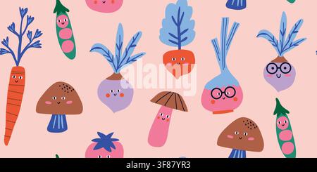 Cute seamless pattern featuring funny smiling vegetables with adorable kawaii faces on a soft blush peach background. Playful carrots, peas, mushrooms, radishes, tomatoes and root vegetables, some wearing glasses, create a cheerful nursery design for baby fabrics, kids textiles and playful decor. hand drawn vector file. Stock Vector