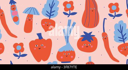 Cute seamless pattern featuring smiling red vegetables, mushrooms and playful flowers with adorable kawaii faces on a soft blush peach background. Cheerful food characters and floral elements create a charming nursery design for baby fabrics, kids textiles, toddler clothing and playroom decor. hand drawn vector file. Stock Vector