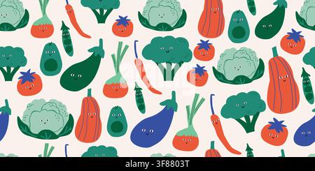Cute seamless pattern featuring smiling green vegetables with adorable kawaii faces on a soft white background. Playful broccoli, cabbage, avocado, tomatoes, pumpkin, chili pepper and root vegetables create a cheerful healthy food nursery design for baby fabrics, kids textiles and playroom decor. hand drawn vector file. Stock Vector