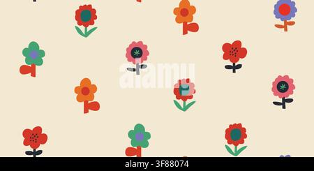 Seamless pattern featuring colorful stylized flowers in a playful paper cut style on a warm beige background. Bold hand drawn floral shapes inspired by childrens crafts and Scandinavian folk design create a cheerful print for fabrics, quilting, nursery decor and creative textile projects. hand drawn vector file. Stock Vector
