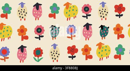 Playful seamless pattern featuring minimalist cut paper sheep and simple stylized flowers arranged in neat rows on a warm beige background. Childlike hand drawn shapes with colorful textured wool create a cheerful Scandinavian farm design for nursery fabrics, quilting and childrens textiles. hand drawn vector file. Stock Vector