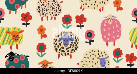 Playful seamless pattern featuring colorful hand drawn sheep and stylized flowers on a warm beige background. Whimsical lambs with textured wool and bold folk art details create a cheerful Scandinavian farm design for nursery fabrics, childrens textiles, quilting and cozy home decor. hand drawn vector file. Stock Vector
