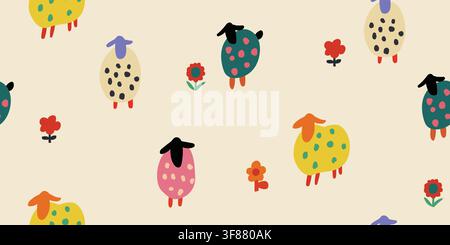 Playful seamless pattern featuring tiny colorful sheep and simple stylized flowers scattered across a warm beige paper textured background. Minimalist hand drawn Scandinavian farm design inspired by childrens paper crafts, perfect for nursery fabrics, quilting and kids textiles. hand drawn vector file. Stock Vector