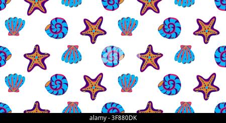 Colorful seamless pattern with blue seashells and starfish isolated on white background. Flat cartoon style. Vector illustration Stock Vector