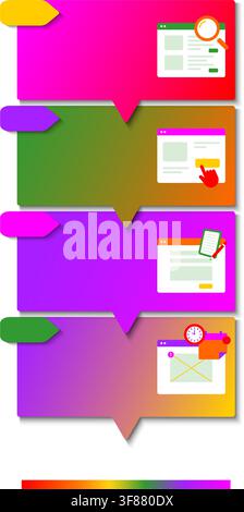 Colorful business infographic template with four options, vertical workflow timeline, web icons, and text banner isolated on white background. Vector Stock Vector