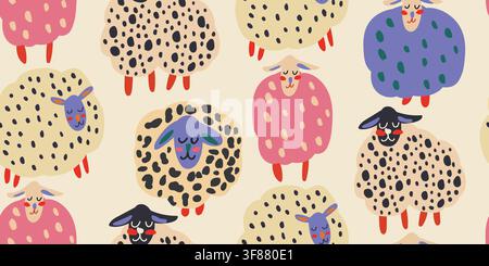 Playful seamless pattern featuring colorful hand drawn sheep with smiling faces, textured wool and bold doodle details on a warm beige background. Whimsical Scandinavian folk art inspired lambs create a cheerful design for nursery fabrics, childrens textiles, quilting and cozy home decor. hand drawn vector file. Stock Vector