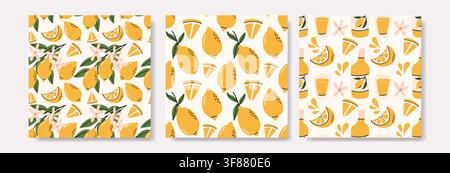 Set of three seamless patterns with fresh yellow lemons, citrus slices, blossoms and lemonade bottles in a cute hand-drawn flat style. Ideal for summe Stock Vector