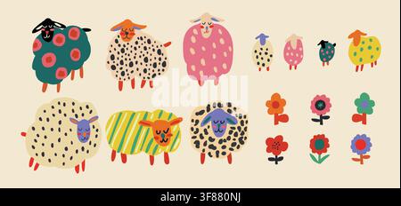 Cute sheep clipart collection featuring colorful Scandinavian inspired lambs, stylized flowers and playful folk art details. Includes bold textured sheep with smiling faces and minimalist cut paper elements, perfect for nursery projects, farm themes, childrens apparel, stickers and handmade crafts. hand drawn vector file. Stock Vector