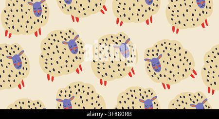 Playful seamless pattern featuring colorful whimsical sheep with textured wool on a warm beige background. Bright hand drawn lambs with bold colors and folk art details create a cheerful Scandinavian design for nursery fabrics, childrens textiles, quilting and playful home decor. hand drawn vector file Stock Vector