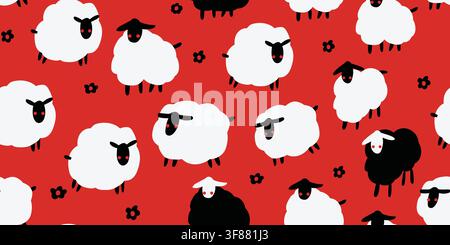 Cute seamless pattern featuring minimalist white sheep and simple black flowers on a bold red background. Modern Scandinavian farm design with playful lambs creates a cheerful textile for nursery fabrics, childrens decor, quilting, holiday sewing and cozy farmhouse interiors. hand drawn vector file. Stock Vector
