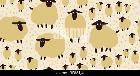 Seamless pattern featuring hand drawn beige sheep with textured wool, expressive faces and scattered polka dots on a warm neutral background. Cozy Scandinavian farmhouse design inspired by rustic countryside aesthetics, perfect for textiles, nursery fabrics, quilting and home decor. hand drawn vector file. Stock Vector