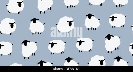 Cute seamless pattern featuring minimalist white sheep with black faces on a soft pastel blue background. Airy Scandinavian lamb design inspired by fluffy clouds creates a calm nursery aesthetic, perfect for baby fabrics, childrens textiles, quilting, nursery decor and modern kids rooms. hand drawn vector file. Stock Vector
