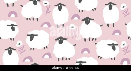 Cute seamless pattern featuring white sheep, pastel rainbows and simple daisy flowers on a soft blush pink background. Minimalist Scandinavian farm design in a playful paper cut style, perfect for nursery fabrics, baby textiles, girls rooms, quilting and childrens decor. hand drawn vector file. Stock Vector